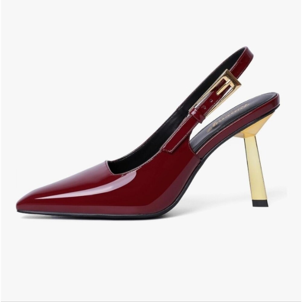 Ribongz Elegant Burgundy Faux Patent Leather Slingback Heels Size 8.5 NWT - Picture 2 of 14